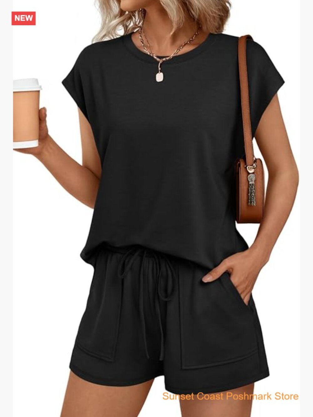 Womens Crew Neck Cap Sleeve Short Set Drawstring Summer Sweatsuit with Pocket